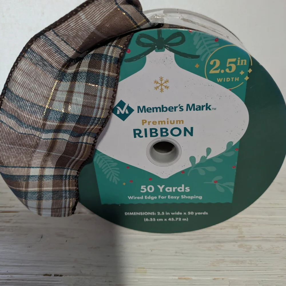 Member's Mark Premium Holiday Ribbon - Brown, Green & Gold Plaid